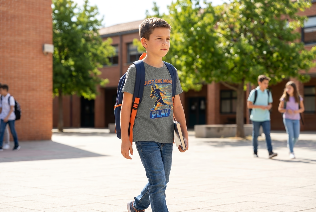 "Just One More Play" Action Graphic— Youth Football Tee