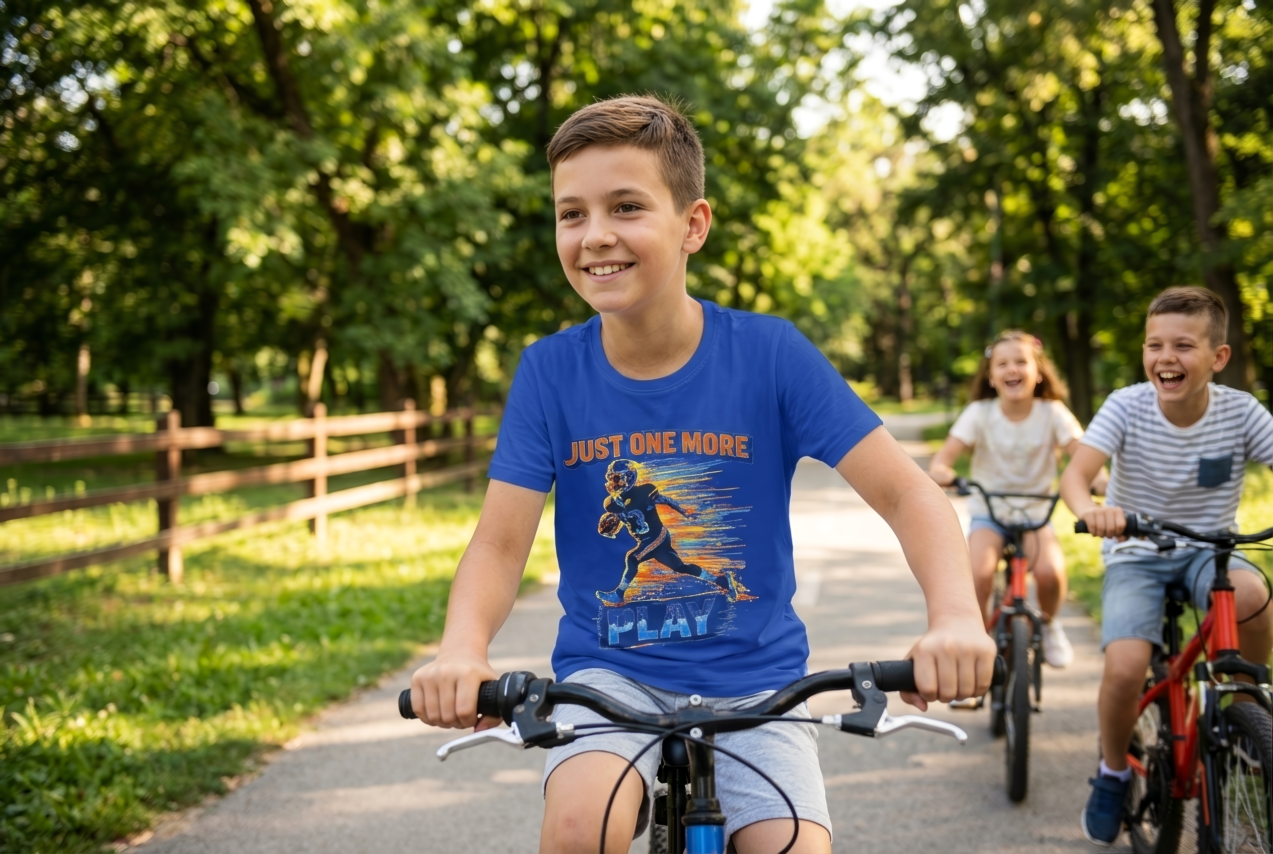 "Just One More Play" Action Graphic— Youth Football Tee