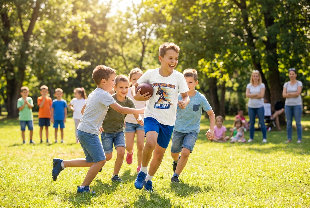 "Just One More Play" Action Graphic— Youth Football Tee