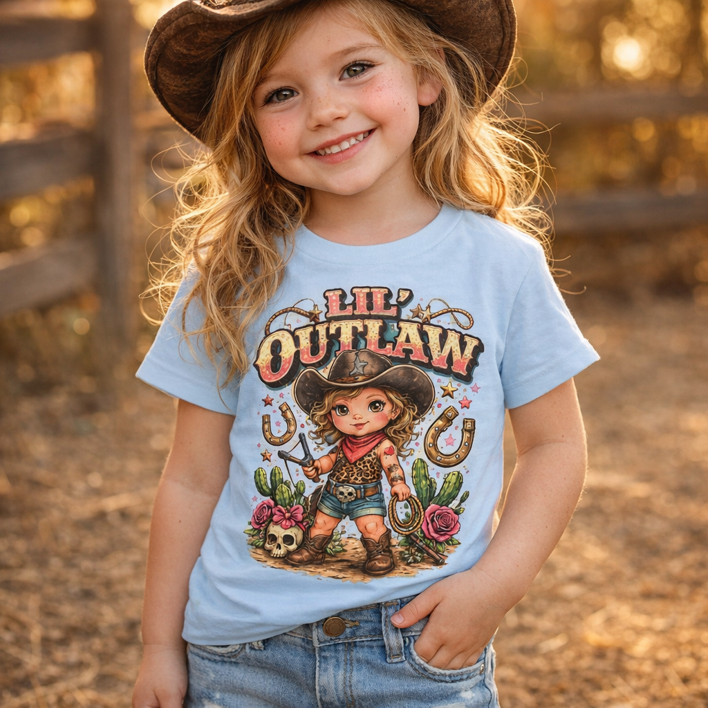 Lil’ Outlaw Toddler Tee – Cute Western Cowgirl Graphic Shirt