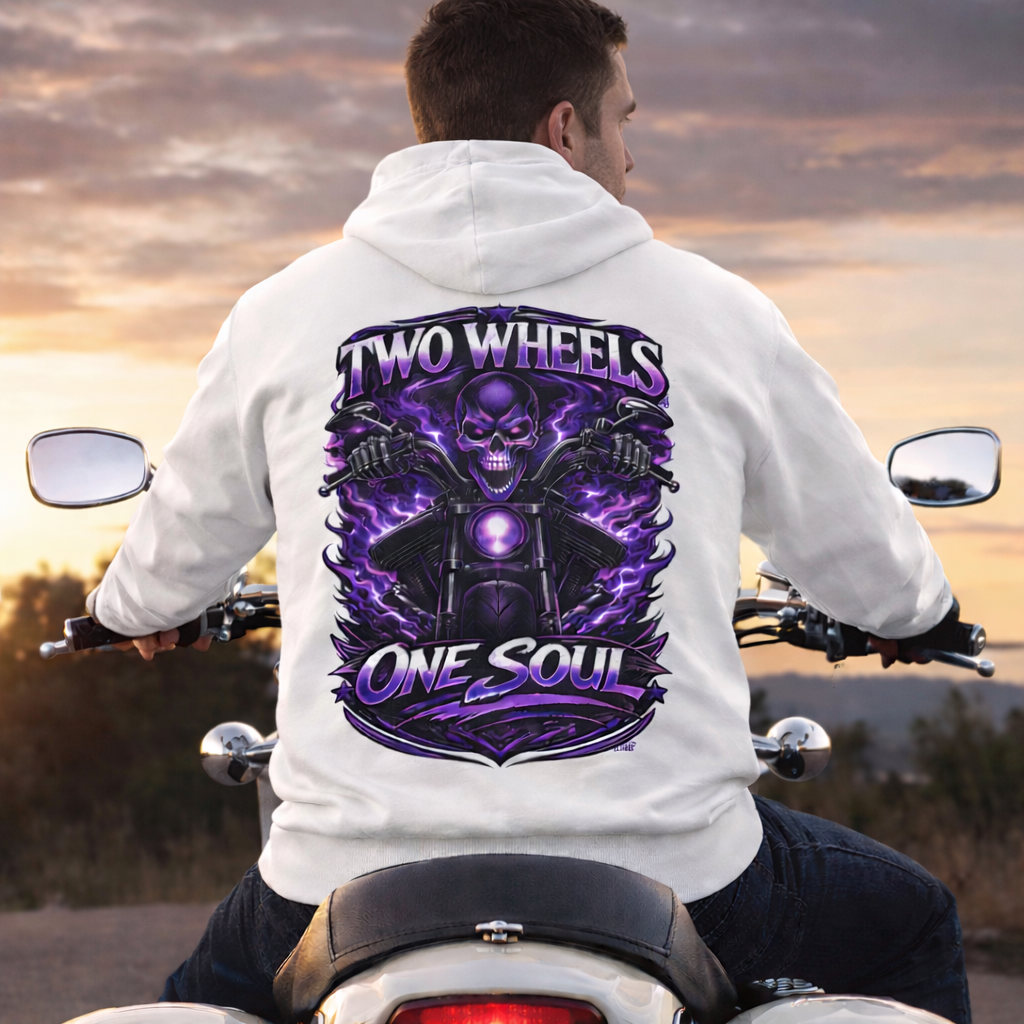 Two Wheels One Soul Motorcycle Hoodie – Biker Skull Graphic Fleece Pullover