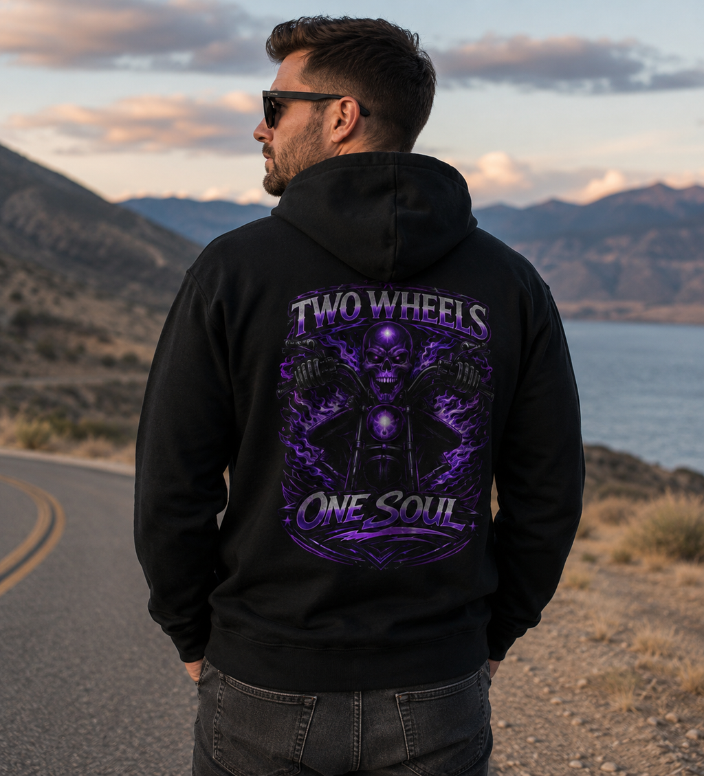 Two Wheels One Soul Motorcycle Hoodie – Biker Skull Graphic Fleece Pullover