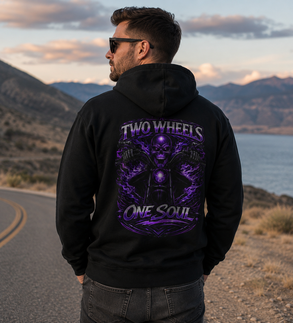 Two Wheels One Soul Motorcycle Hoodie – Biker Skull Graphic Fleece Pullover