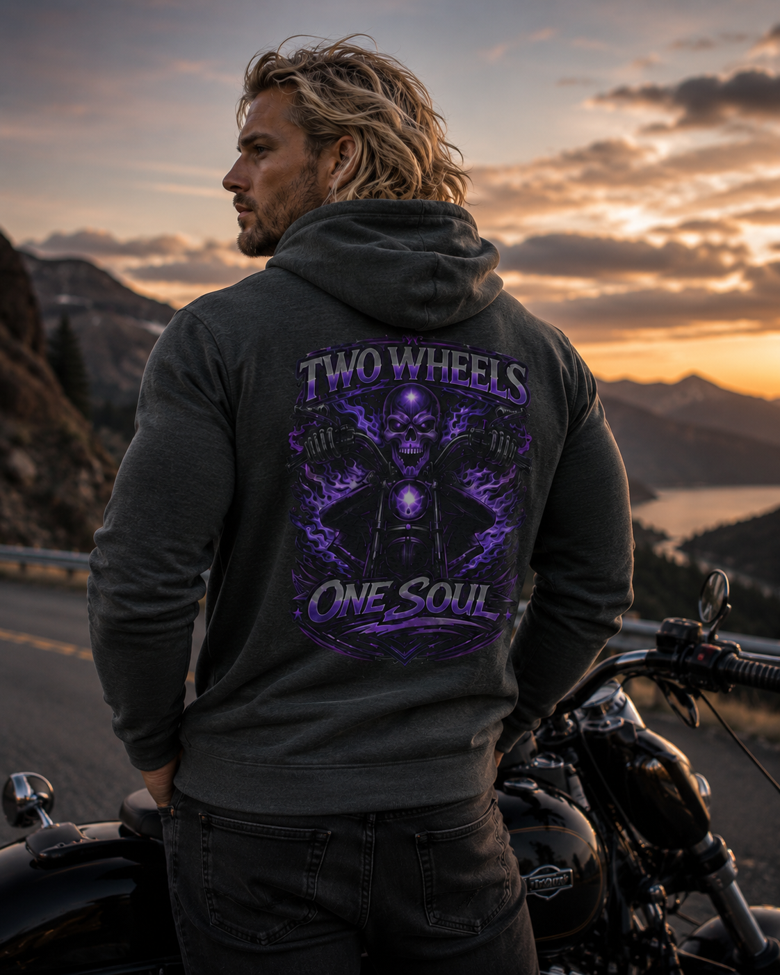 Two Wheels One Soul Motorcycle Hoodie – Biker Skull Graphic Fleece Pullover